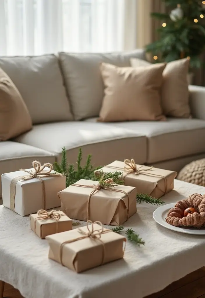 50 Christmas Decor Ideas for Living Rooms That Wow Guests Instantly - 5. Eco-Friendly Wrapping Stations