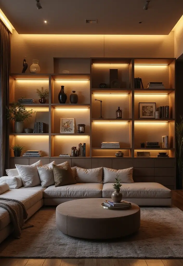 50 Clever Shelf Ideas for Living Rooms That Add Both Style and Storage - 11. Integrated Lighting on Shelves