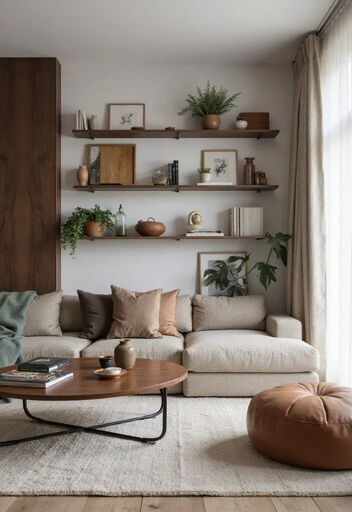 50 Clever Shelf Ideas for Living Rooms That Add Both Style and Storage - 12. Creative Display with Mixed Materials