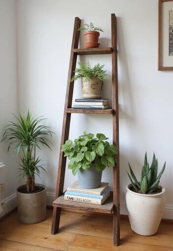 50 Clever Shelf Ideas for Living Rooms That Add Both Style and Storage - 14. Vintage Ladder Shelves