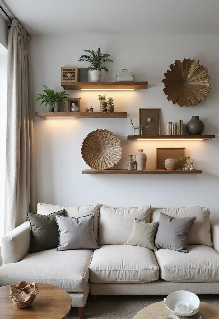 50 Clever Shelf Ideas for Living Rooms That Add Both Style and Storage - 16. Artistic Shelf Designs