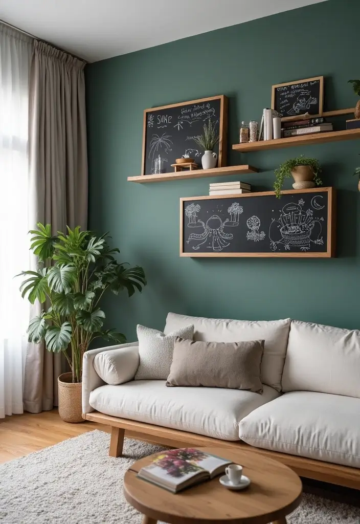 50 Clever Shelf Ideas for Living Rooms That Add Both Style and Storage - 17. Chalkboard Shelves