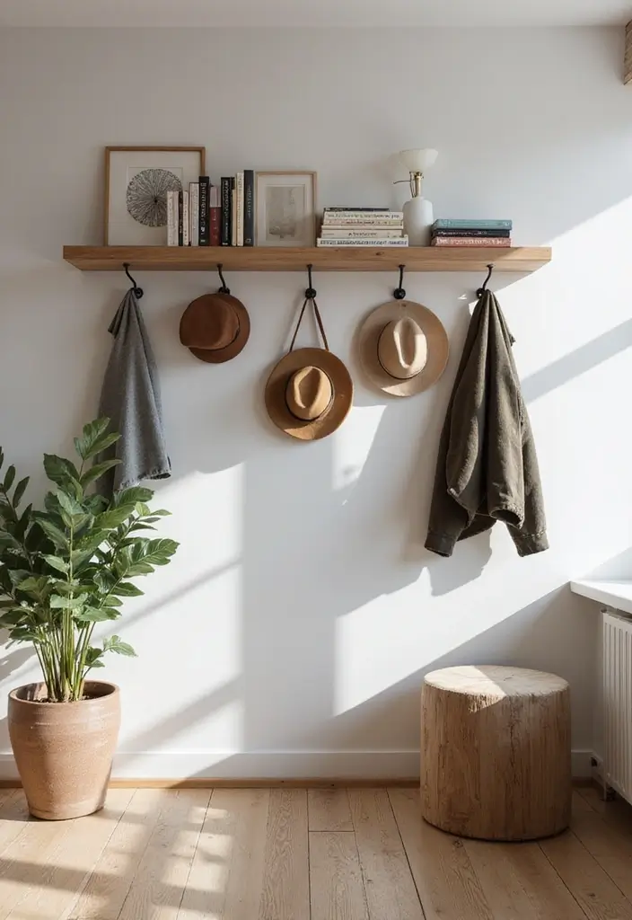 50 Clever Shelf Ideas for Living Rooms That Add Both Style and Storage - 18. Shelves with Hooks