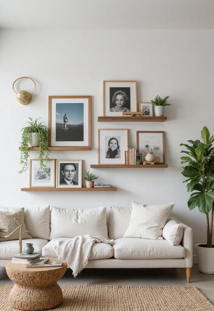 50 Clever Shelf Ideas for Living Rooms That Add Both Style and Storage - 19. Floating Shelf Gallery