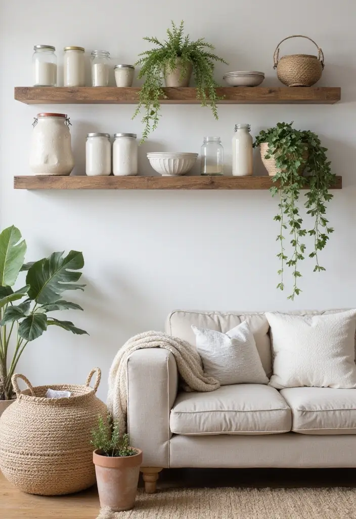 50 Clever Shelf Ideas for Living Rooms That Add Both Style and Storage - 23. Farmhouse Style Shelving