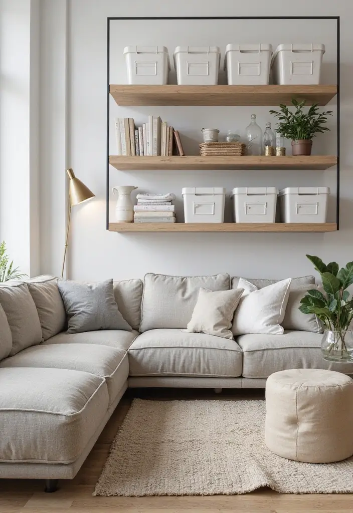 50 Clever Shelf Ideas for Living Rooms That Add Both Style and Storage - 24. Floating Shelves with Storage Bins