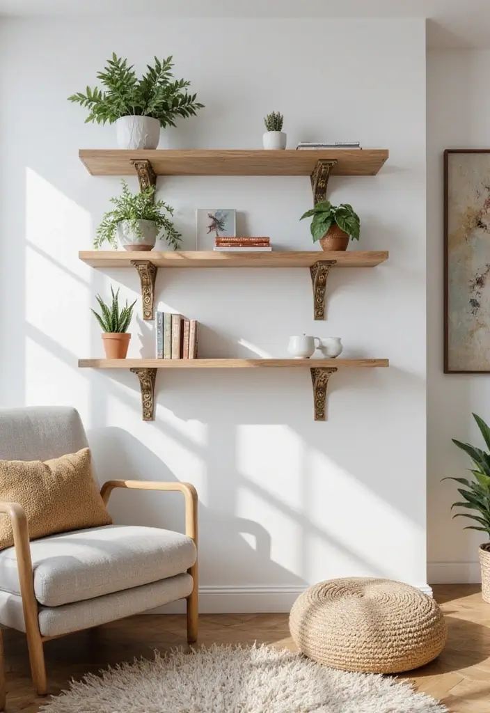 50 Clever Shelf Ideas for Living Rooms That Add Both Style and Storage - 25. Unique Decorative Brackets