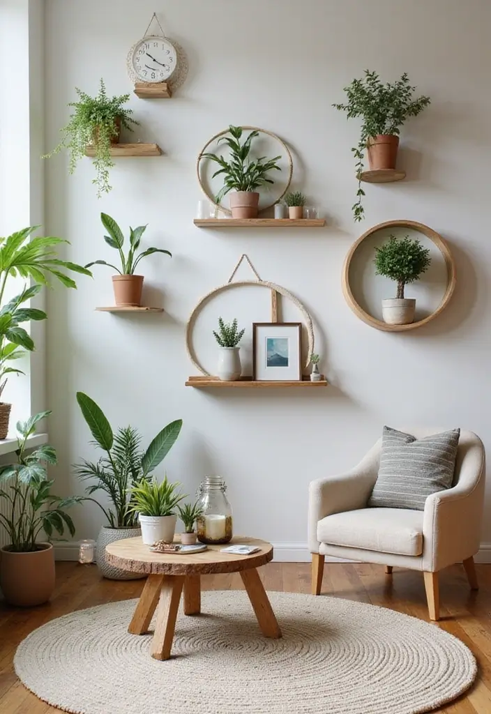50 Clever Shelf Ideas for Living Rooms That Add Both Style and Storage - 26. Round Floating Shelves
