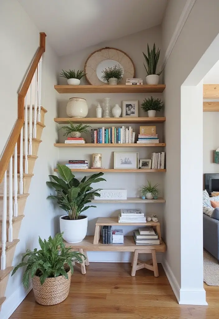 50 Clever Shelf Ideas for Living Rooms That Add Both Style and Storage - 28. Under-Stair Shelves