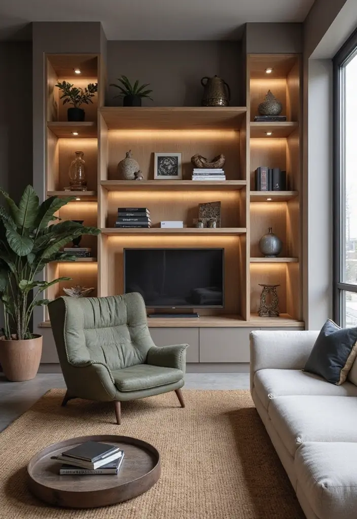 50 Clever Shelf Ideas for Living Rooms That Add Both Style and Storage - 29. Shelves with Built-In Lighting
