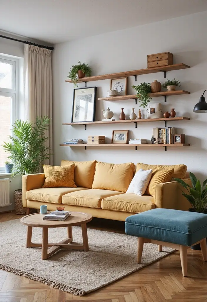 50 Clever Shelf Ideas for Living Rooms That Add Both Style and Storage - 30. Mix and Match Shelf Styles