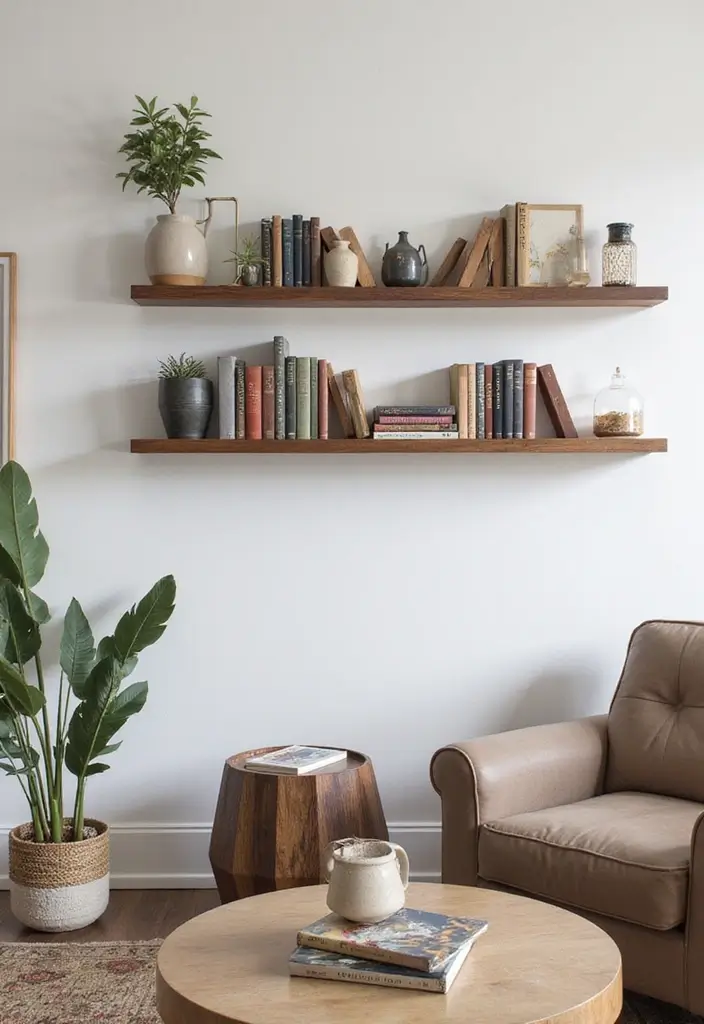 50 Clever Shelf Ideas for Living Rooms That Add Both Style and Storage - 31. Floating Bookends with Shelves