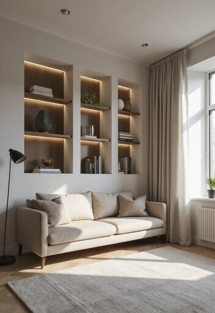 50 Clever Shelf Ideas for Living Rooms That Add Both Style and Storage - 33. Recessed Shelving