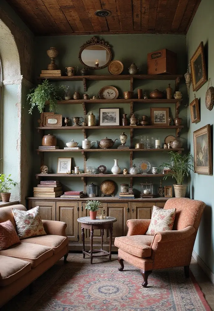 50 Clever Shelf Ideas for Living Rooms That Add Both Style and Storage - 35. Antique-Style Shelves
