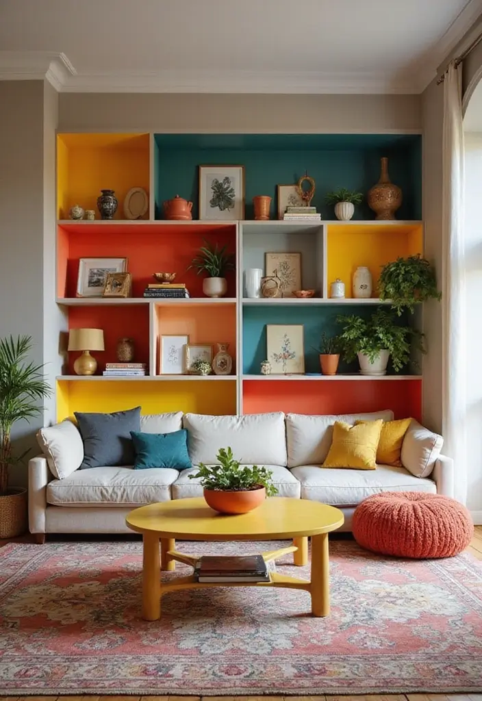 50 Clever Shelf Ideas for Living Rooms That Add Both Style and Storage - 37. Color-Blocked Shelves