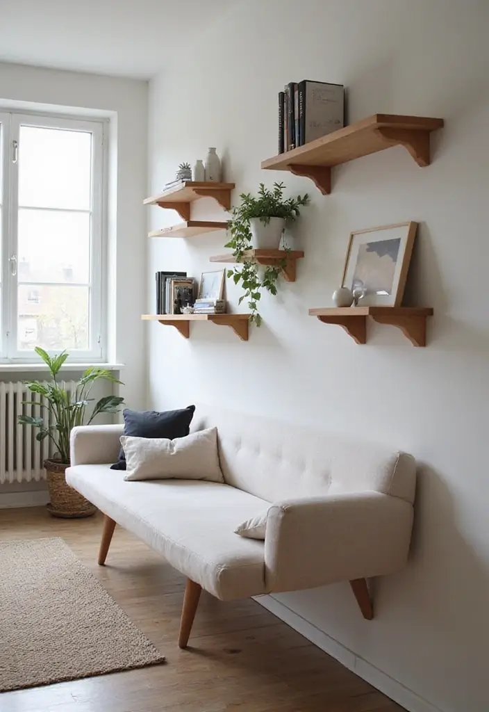 50 Clever Shelf Ideas for Living Rooms That Add Both Style and Storage - 38. Wall-Mounted Folding Shelves