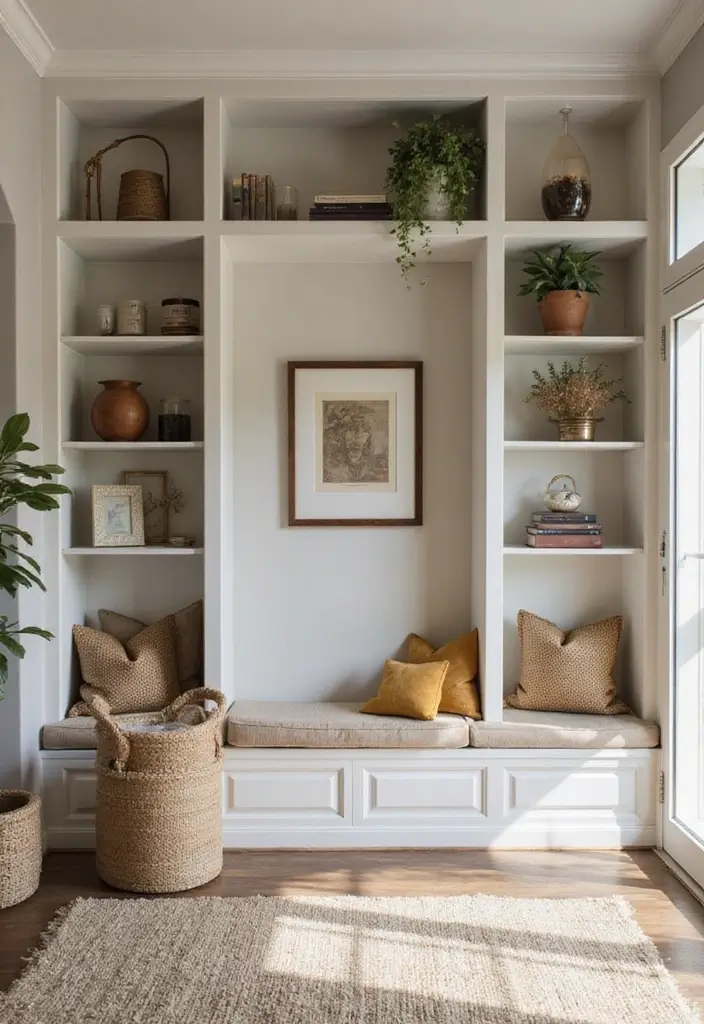 50 Clever Shelf Ideas for Living Rooms That Add Both Style and Storage - 41. Shelves with Built-In Seating