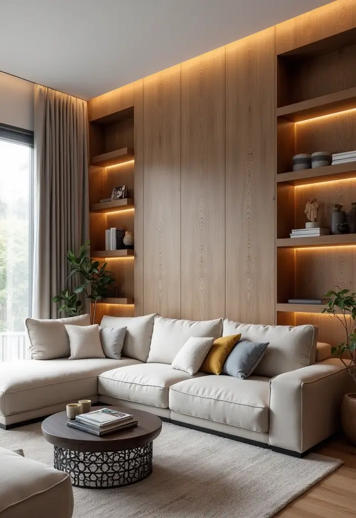 50 Clever Shelf Ideas for Living Rooms That Add Both Style and Storage - 43. Decorative Wall Panels with Shelving