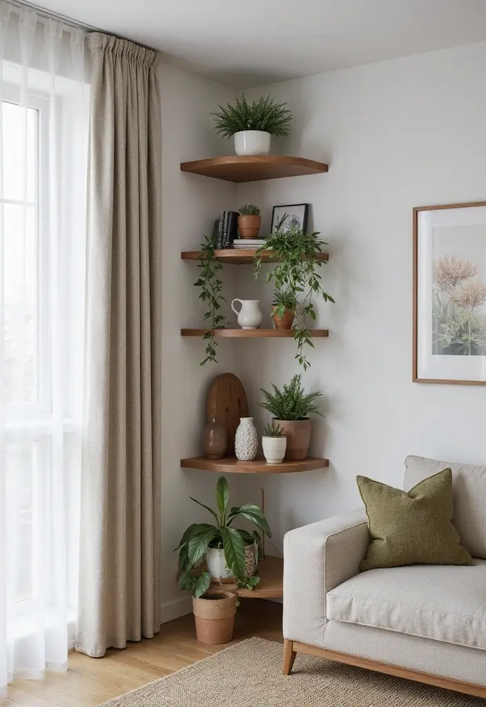 50 Clever Shelf Ideas for Living Rooms That Add Both Style and Storage - 45. Corner Floating Shelves