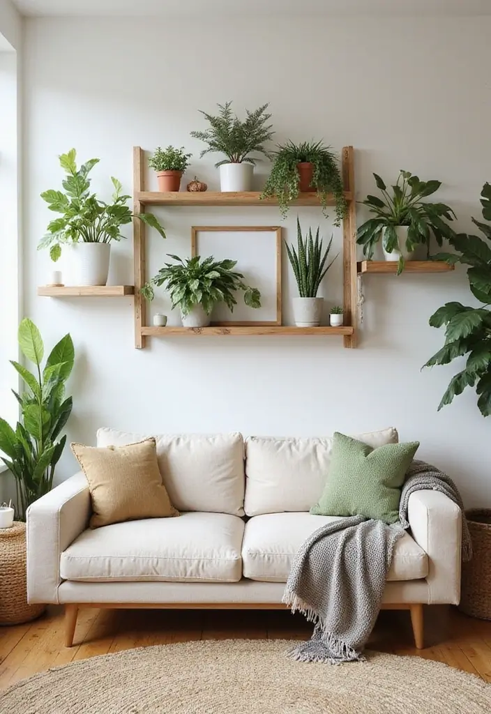 50 Clever Shelf Ideas for Living Rooms That Add Both Style and Storage - 50. Outdoor-Inspired Floating Shelves