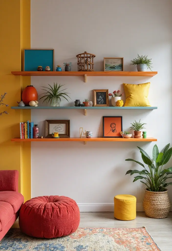 50 Clever Shelf Ideas for Living Rooms That Add Both Style and Storage - 6. Bold Colorful Shelves