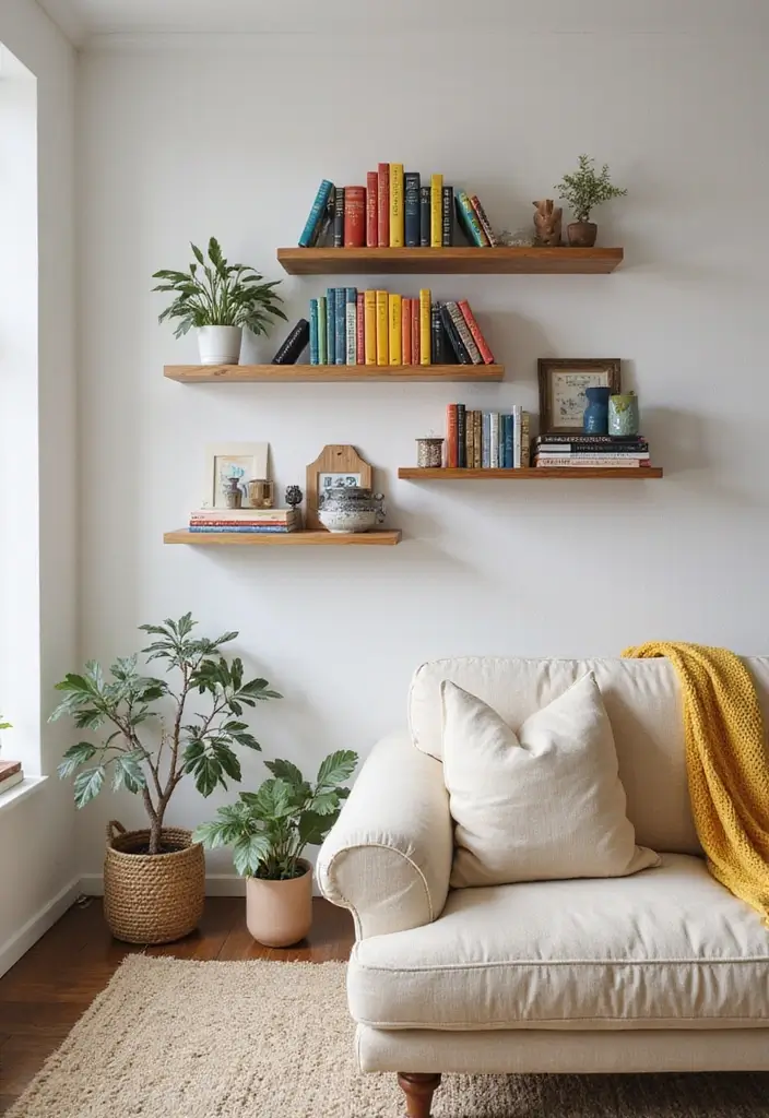 50 Clever Shelf Ideas for Living Rooms That Add Both Style and Storage - 8. Floating Bookshelves for a Unique Look