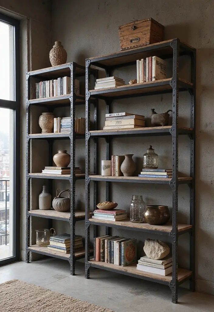 50 Clever Shelf Ideas for Living Rooms That Add Both Style and Storage - 9. Industrial Metal Shelves