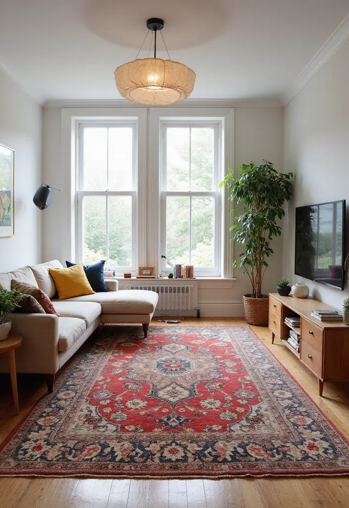 50 Creative Living Room Ideas for Apartments That Feel Spacious and Stylish - 12. Use a Statement Rug