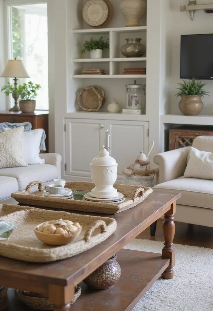 50 Creative Living Room Ideas for Apartments That Feel Spacious and Stylish - 17. Use Decorative Trays