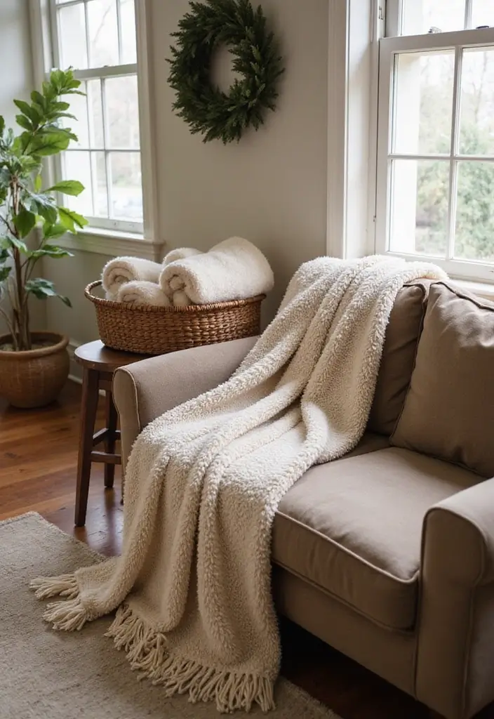 50 Creative Living Room Ideas for Apartments That Feel Spacious and Stylish - 21. Warm and Fuzzy Throws