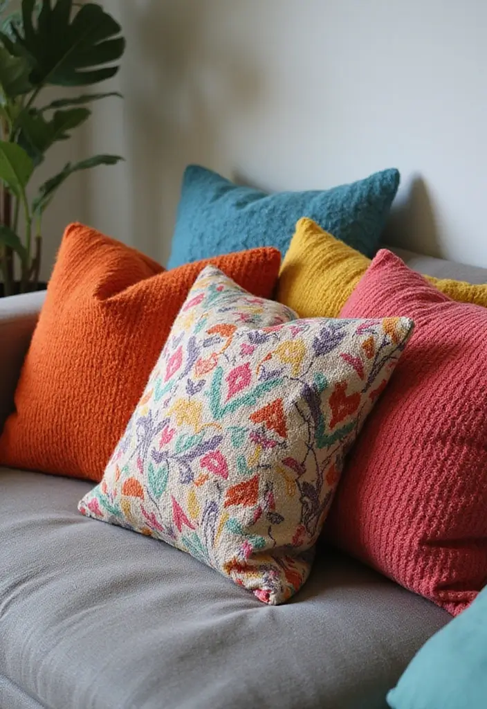 50 Creative Living Room Ideas for Apartments That Feel Spacious and Stylish - 29. Colorful Throw Pillows