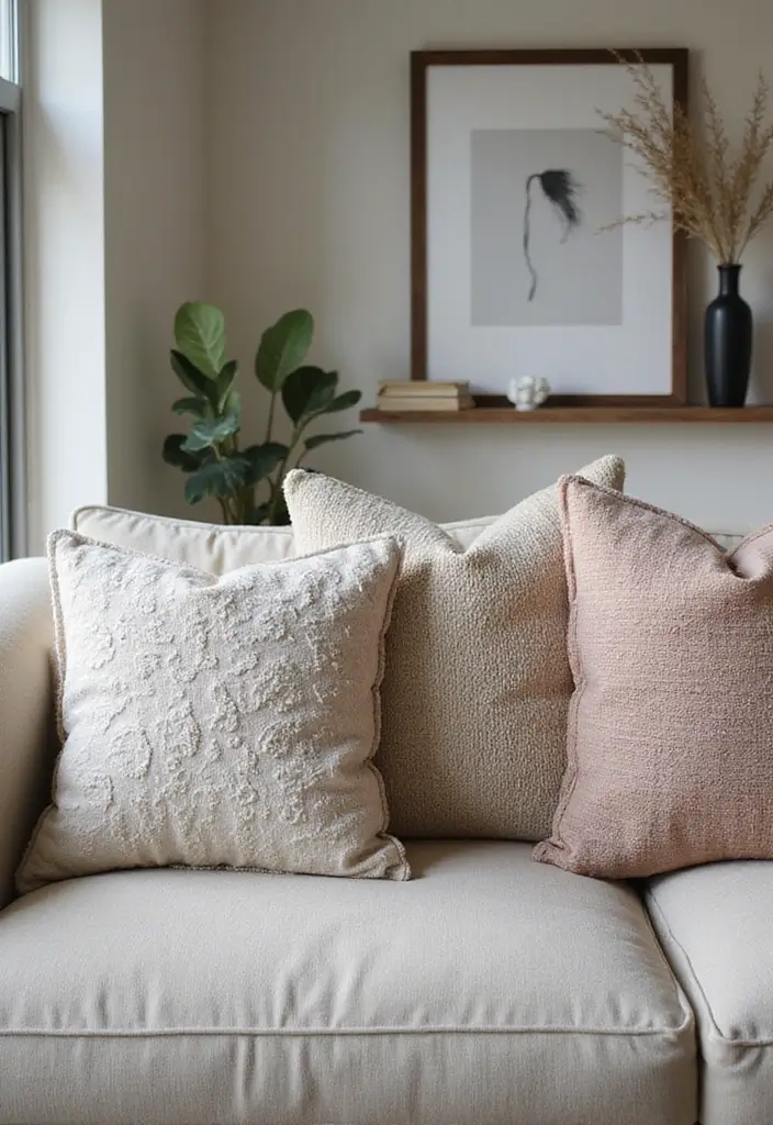 50 Creative Living Room Ideas for Apartments That Feel Spacious and Stylish - 33. Textured Cushions