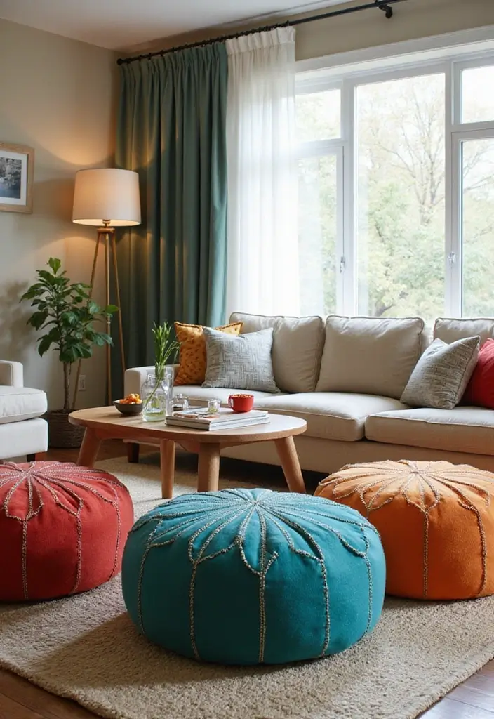 50 Creative Living Room Ideas for Apartments That Feel Spacious and Stylish - 37. Functional Poufs