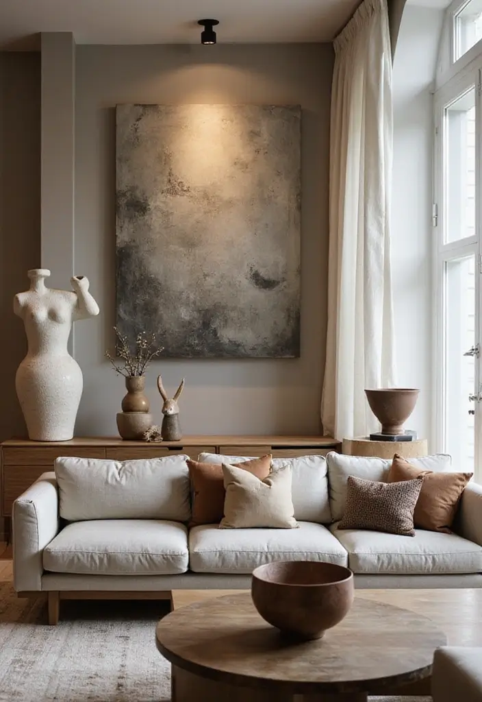 50 Creative Living Room Ideas for Apartments That Feel Spacious and Stylish - 39. Artistic Accessories