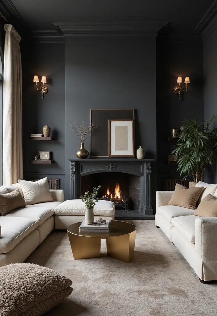50 Dark Living Room Ideas That Feel Bold and Luxurious 1 50 Dark Living Room Ideas That Feel Bold and Luxurious - 1. Deep Charcoal Walls with Cream Accents