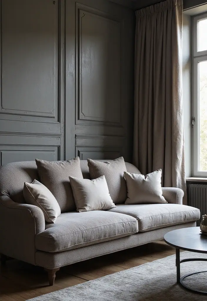 50 Dark Living Room Ideas That Feel Bold and Luxurious 11 50 Dark Living Room Ideas That Feel Bold and Luxurious - 11. Luxe Grey Textures