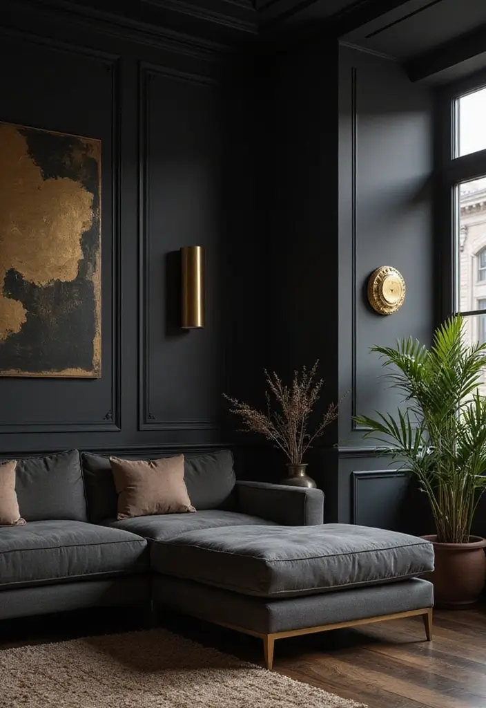 50 Dark Living Room Ideas That Feel Bold and Luxurious 14 50 Dark Living Room Ideas That Feel Bold and Luxurious - 14. Bold Black and Brass