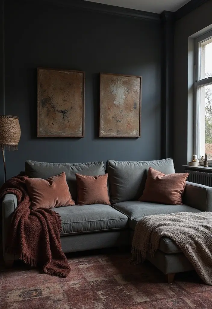 50 Dark Living Room Ideas That Feel Bold and Luxurious 15 50 Dark Living Room Ideas That Feel Bold and Luxurious - 15. Textured Walls and Fabrics