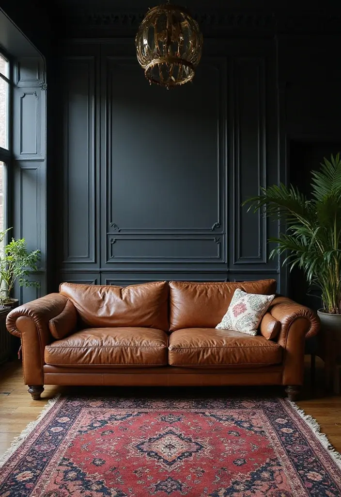 50 Dark Living Room Ideas That Feel Bold and Luxurious 16 50 Dark Living Room Ideas That Feel Bold and Luxurious - 16. Luxe Leather and Textiles