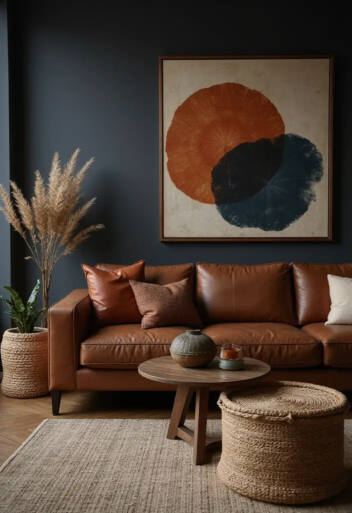 50 Dark Living Room Ideas That Feel Bold and Luxurious 2 50 Dark Living Room Ideas That Feel Bold and Luxurious - 2. Mocha Brown Leather Sofa and Accents