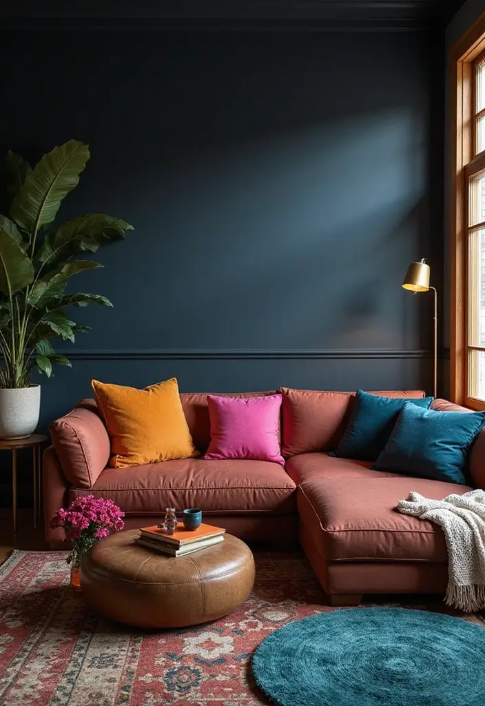 50 Dark Living Room Ideas That Feel Bold and Luxurious 36 50 Dark Living Room Ideas That Feel Bold and Luxurious - 34. Dark and Bright Accents