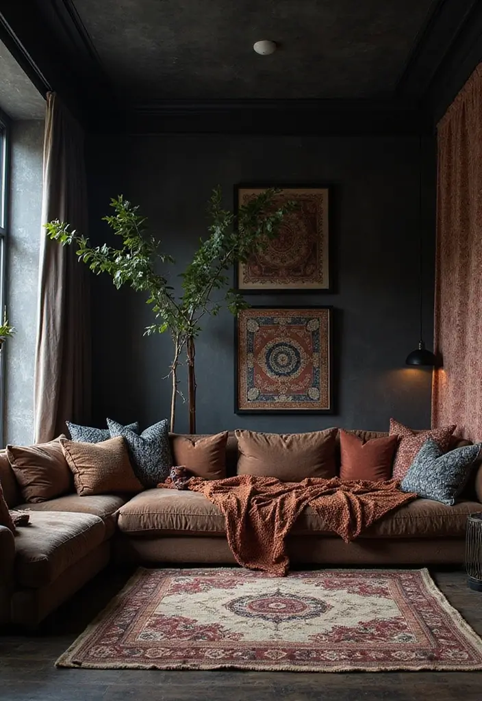 50 Dark Living Room Ideas That Feel Bold and Luxurious 41 50 Dark Living Room Ideas That Feel Bold and Luxurious - 37. Layered Dark Patterns