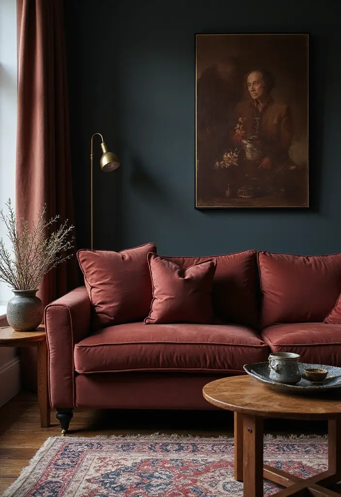 50 Dark Living Room Ideas That Feel Bold and Luxurious 4 50 Dark Living Room Ideas That Feel Bold and Luxurious - 4. Velvet Softness Meets Dark Wood