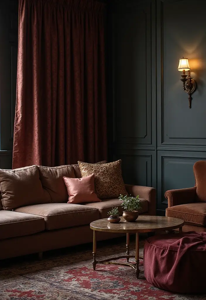 50 Dark Living Room Ideas That Feel Bold and Luxurious 50 50 Dark Living Room Ideas That Feel Bold and Luxurious - 46. Dark Luxury Fabrics