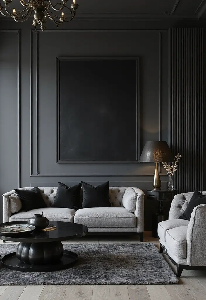 50 Dark Living Room Ideas That Feel Bold and Luxurious 5 50 Dark Living Room Ideas That Feel Bold and Luxurious - 5. Monochrome with a Twist