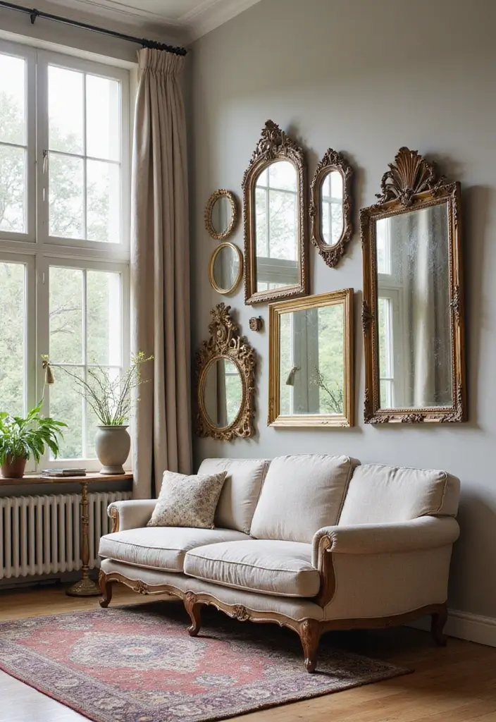 50 French Country Living Room Ideas Full of Rustic Charm and Elegance 9 50 French Country Living Room Ideas Full of Rustic Charm and Elegance - 9. Vintage Mirrors for Style and Space