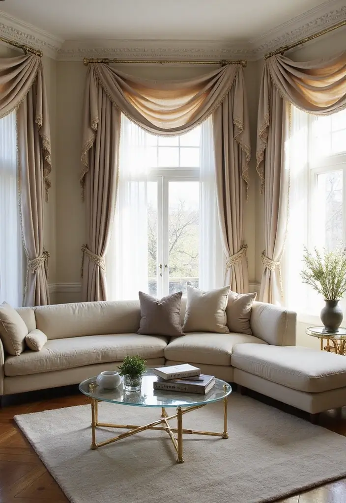 50 Gorgeous Curtain Ideas for Living Rooms That Transform the Look Instantly 17 50 Gorgeous Curtain Ideas for Living Rooms That Transform the Look Instantly - 17. Statement Cornices