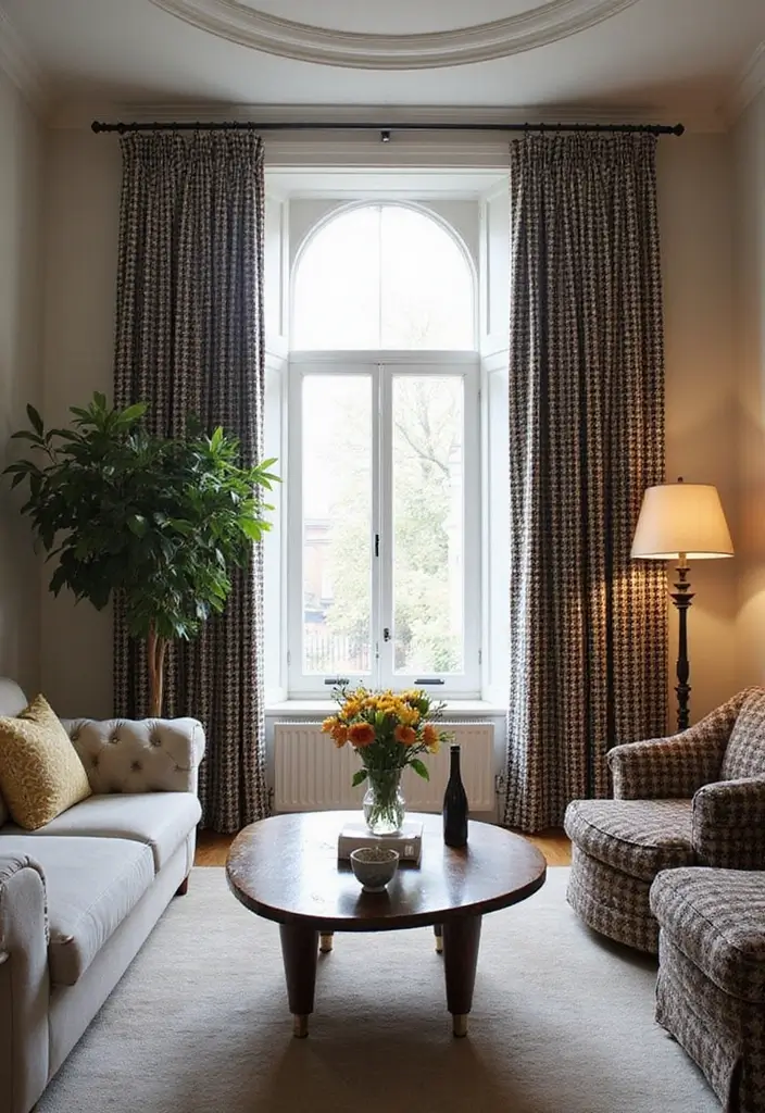 50 Gorgeous Curtain Ideas for Living Rooms That Transform the Look Instantly 34 50 Gorgeous Curtain Ideas for Living Rooms That Transform the Look Instantly - 32. Classic Houndstooth