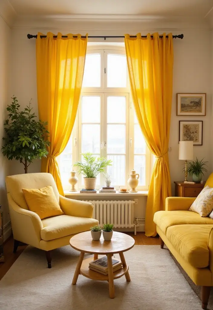 50 Gorgeous Curtain Ideas for Living Rooms That Transform the Look Instantly 44 50 Gorgeous Curtain Ideas for Living Rooms That Transform the Look Instantly - 40. Bright Yellow Accents