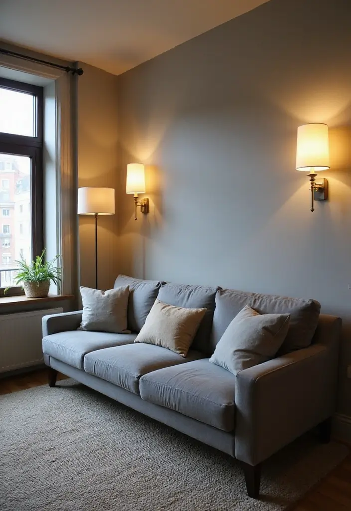 50 Gray Couch Living Room Ideas That Always Look Timeless 24 50 Gray Couch Living Room Ideas That Always Look Timeless - 22. Layered Lighting